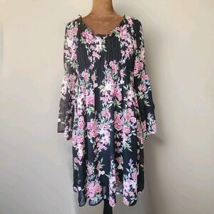 Robert Louis Dress Size M‎ Black Floral Mesh Long Sleeve Knee Length Stretch